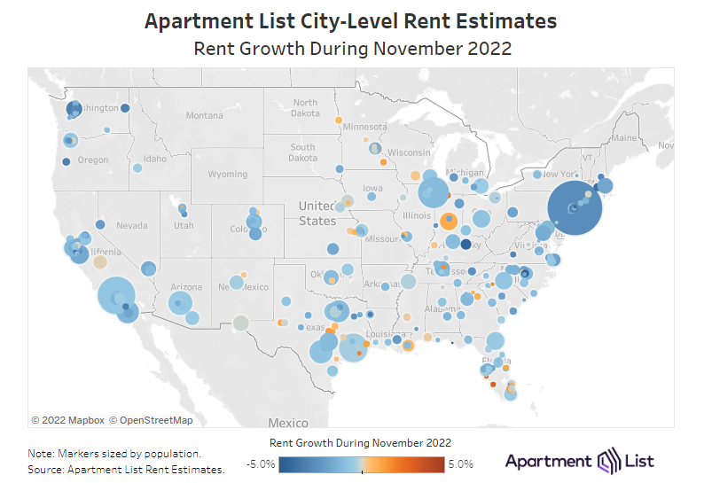 Color-coded map of monthly rent growth for November 2022